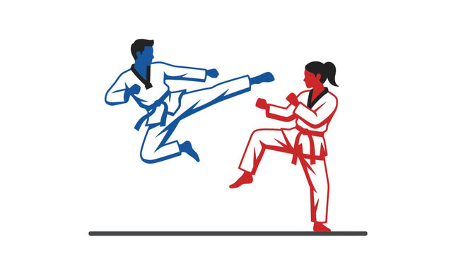 Illustration of Karate Athletes in Action, Performing Kicks and Punches
