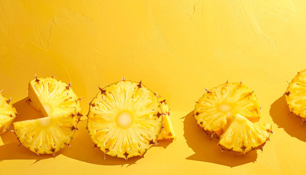 Sliced pineapple fruit arranged on yellow background overhead view