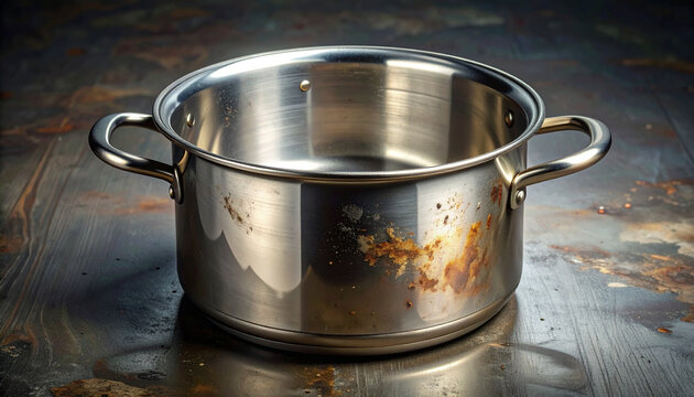 Stainless steel cooking pot on a distressed metallic surface background