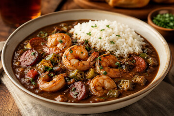 Fototapeta premium Gumbo in a deep bowl with rice and shrimp, modern Southern food advertising style