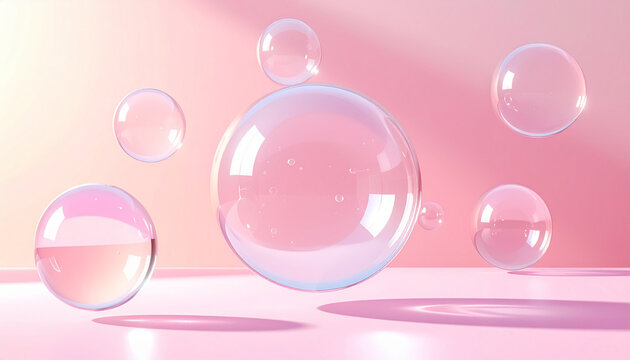 Transparent bubbles floating against pink backdrop with soft sunlight