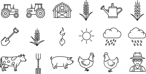 Obraz premium Farm life icons a collection of agricultural silhouettes depicting rural scenes and farming elements