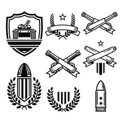 Fototapeta premium Set of military insignia emblems and badges with tanks cannons and ammunition.