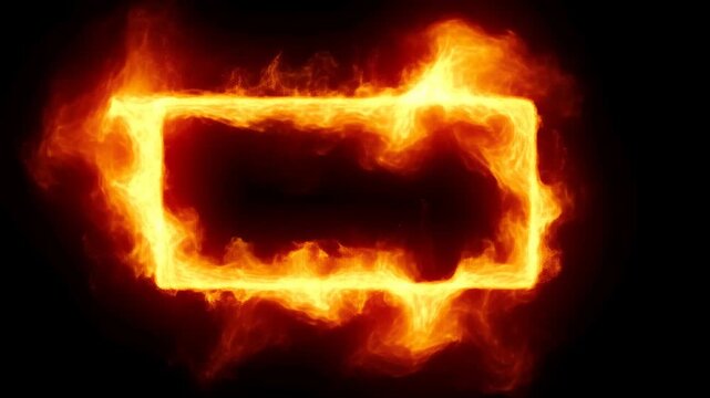 Static shot of flaming rectangular frame with flickering fire and glowing embers against black background looping fiery border animation