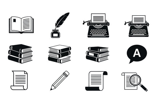 Vintage writing tools silhouette collection books typewriters quill and stationery icons