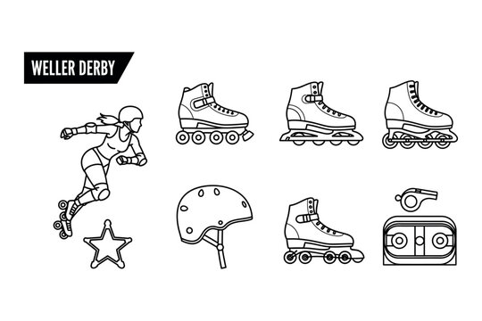 Roller derby equipment set a black and white illustration with skates helmet and protective gear
