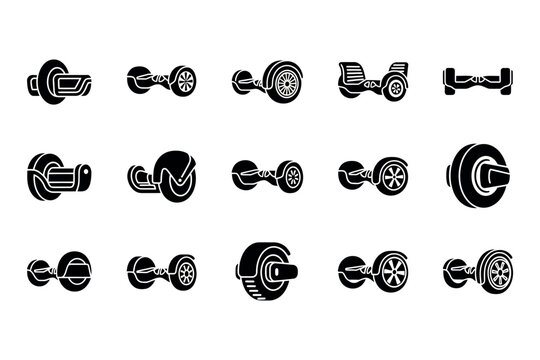 Black silhouette icons of train wheels and railway components on a white background