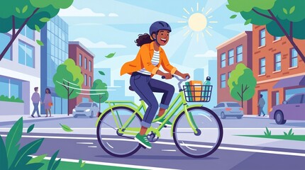 Fototapeta premium Happy Woman Cycling in City Street with Helmet, Urban Lifestyle made by AI generative