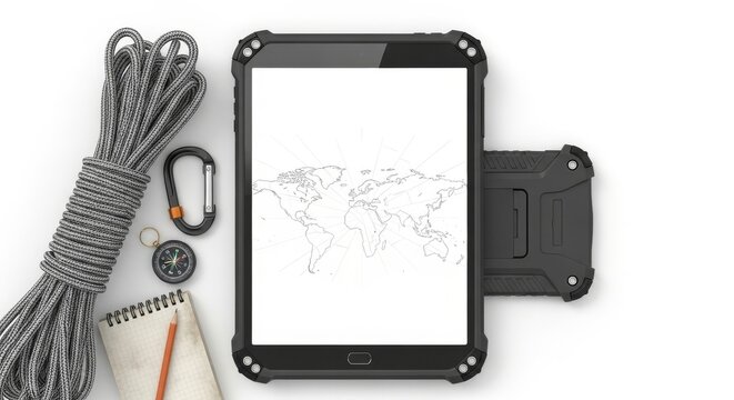 Rugged tablet with climbing gear and rope on white surface