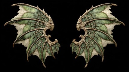 Naklejka premium Fantasy dragon wing pair isolated on dark background for creative design