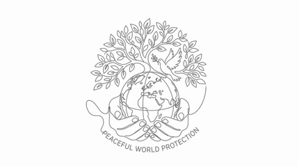 Fototapeta premium Minimalist Peace Symbol with Earth, Dove, and Hands, Line Art