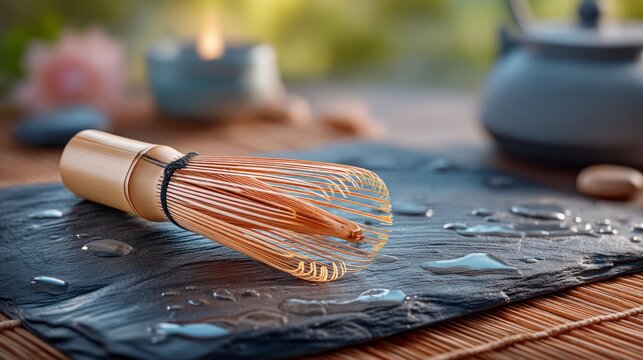 Bamboo Whisk Resting on Slate with Water Drops and Soft Background
