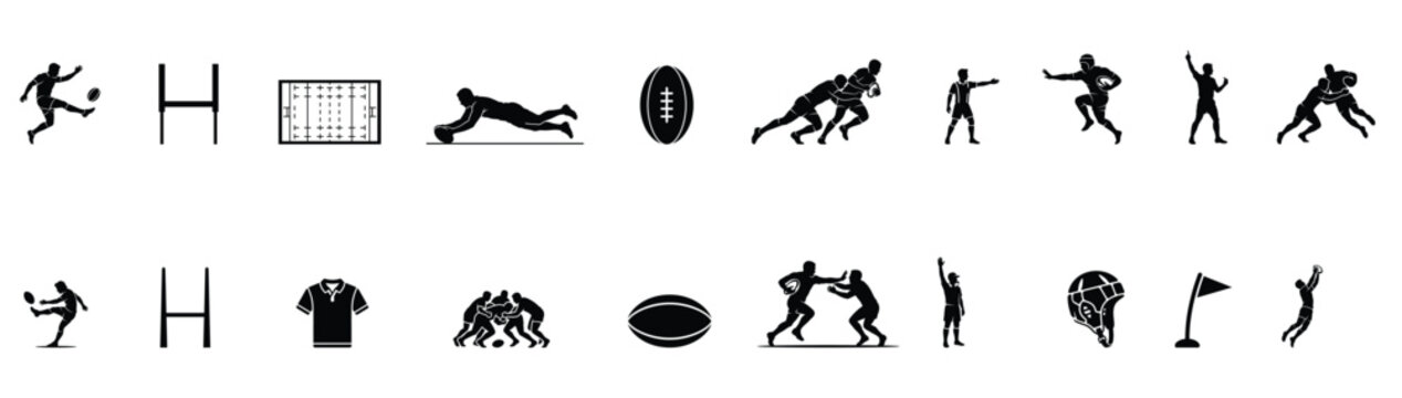 Rugby Union Sport Icons Collection Black Silhouette Vector Set with Players Ball Goal Posts Tackles Referee and Match Elements