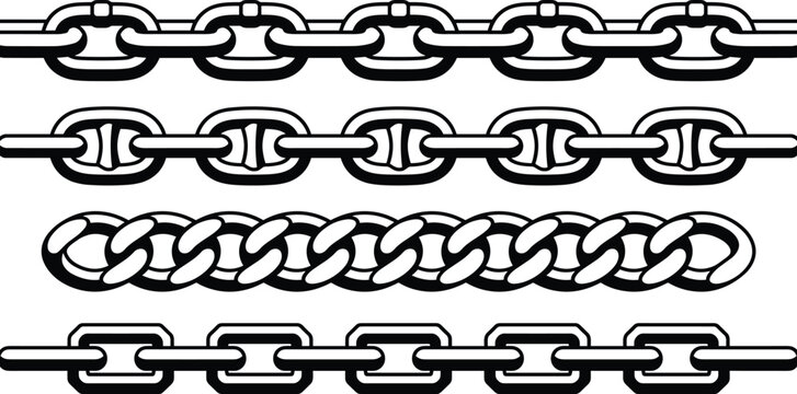 Seamless metal chain link vector borders set featuring classic oval anchor curb twisted and geometric heavy steel pattern line art