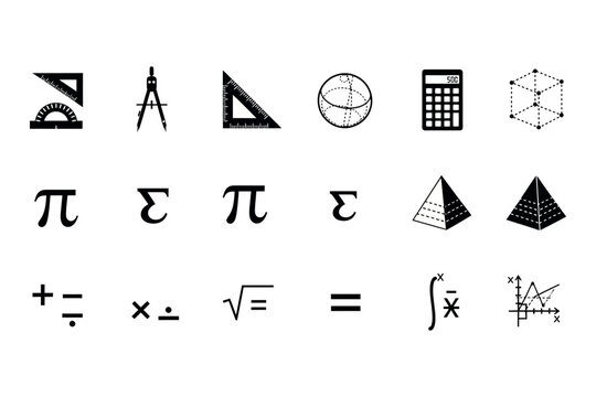 Black silhouette icons representing mathematical tools symbols and geometric shapes on a white background