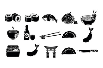 Japanese cuisine silhouette collection sushi ramen and traditional elements in black and white © graphixarrow