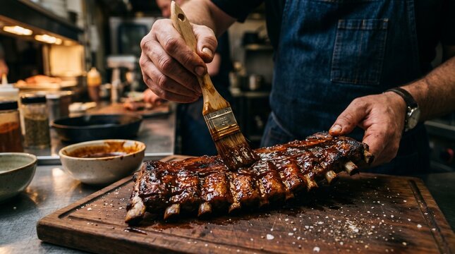 Close-up of chef brushing glossy barbecue sauce over ribs, thick sauce shining under warm light, slow deliberate strokes, dark rustic kitchen backdrop