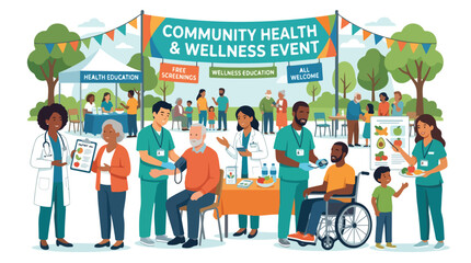 Naklejka premium Diverse medical professionals providing healthcare services at a community wellness event.