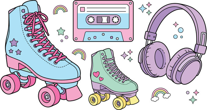 Retro aesthetic roller skates vector set featuring pastel 90s cassette tape purple audio headphones rainbows and sparkly star details