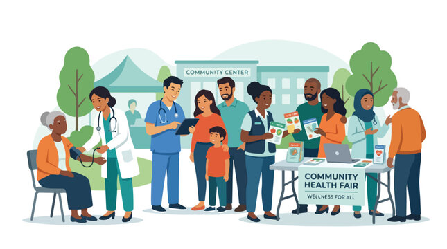 Diverse group of people participating in a community health fair event.