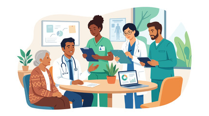 Fototapeta premium Medical team consulting with an elderly patient in a hospital office.