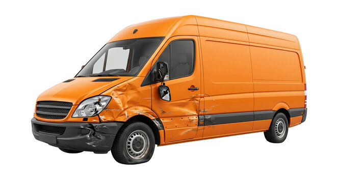 Crashed orange commercial cargo van with dented front and side panels isolated on white