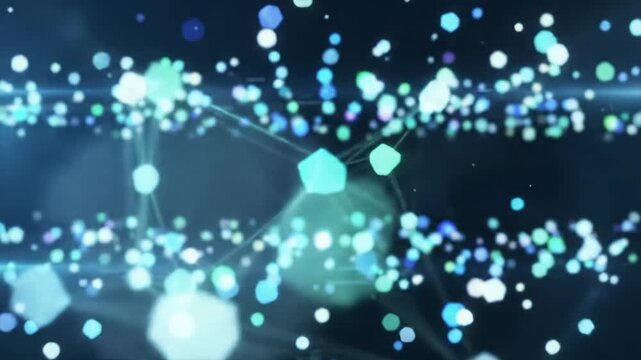 Luminous, geometric particles in electric blue, vibrant green, white, and purple drift within an infinite digital void. A slow wide-angle tracking video glides with gentle push-in, conveying