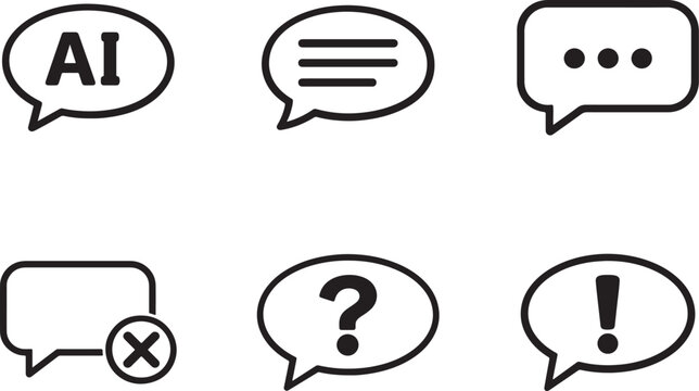 Popup chat and speech bubble icon set with info, alert, question, check and cross UI symbols.