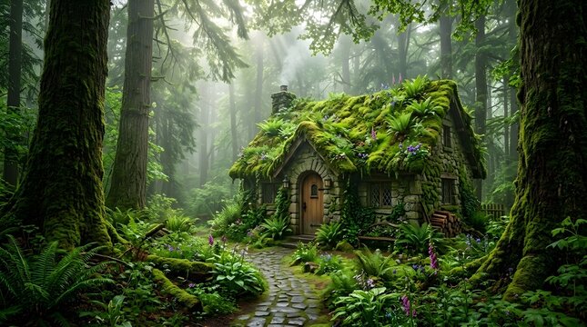 Moss Covered Stone Cottage in Enchanted Forest with Cobblestone Path