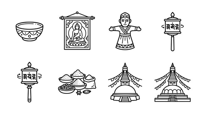 Buddhist temple prayer flags and symbols.