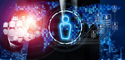 Fototapeta premium AI artificial intelligence transforms hiring with digital recruiters, virtual HR assistants, and smart matching tools for modern talent acquisition. Vouch