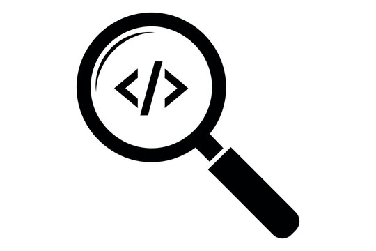 Magnifying glass with code brackets silhouette a symbol of debugging and software development