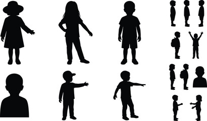 Fototapeta premium Black silhouette illustration of children in diverse poses including standing, pointing, walking, and raising arms, symbolizing playful childhood activity and social interaction