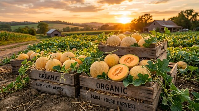 Freshly harvested cantaloupe melons in organic crates at sunset