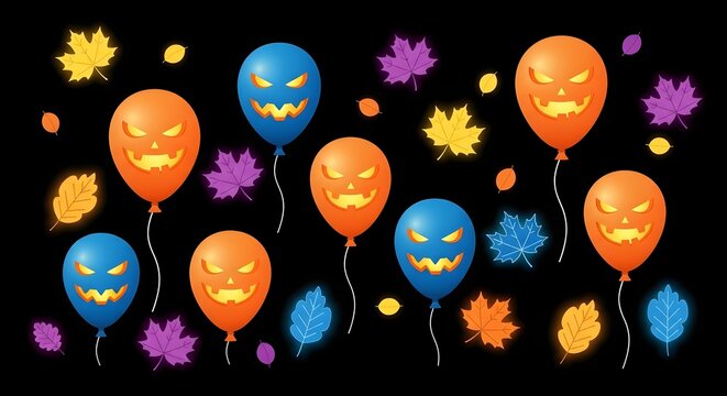 Halloween background with glowing jackolantern balloons and autumn leaves