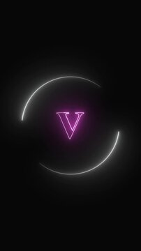 Emblem animation with neon letter v. Emblem abstract digital brand design. Emblem modern motion graphic on black background.