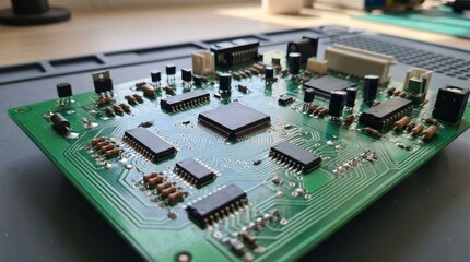 Fototapeta premium Close up of green printed circuit board with electronic components and microchips. Concept of technology and computer hardware, Represents engineering and electronic made by AI generative