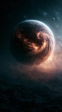 Rare rogue planet drifting silently through an interstellar nebula, glowing ice storms across its surface, illuminated by distant stars, cosmic scale, cinematic deep-space visualization.