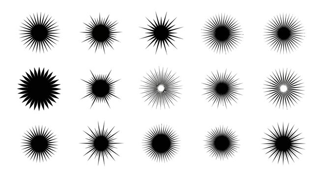 Collection of Starbursts Sunbursts Rays Black on White Isolated