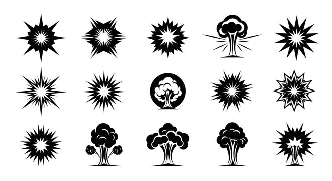 Explosion Icons Set: Atomic Blast, Starbursts, Mushroom Clouds, Tree