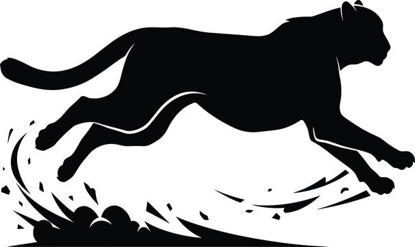 Black panther running silhouette, fast sprinting puma, leaping big wild cat, dynamic animal action vector illustration, nature wildlife predator graphic