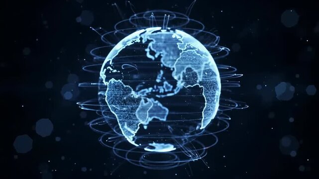 Translucent, shimmering blue particle earth globe slowly rotates in deep cosmic space, ethereal light streaks illustrating data pathways. High-fidelity 3D CGI orbital dolly video with sapphire glow.
