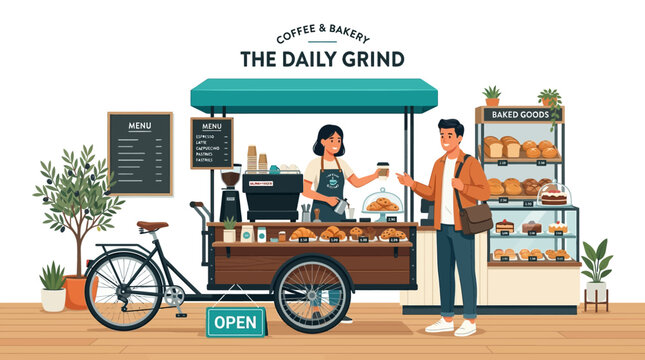 Street Food Cart: Coffee & Bakery "The Daily Grind" with Customer Buying Pastry