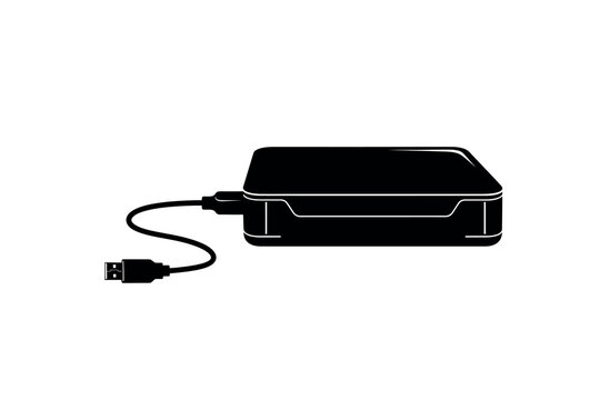 Black external hard drive silhouette with usb cable data storage and backup solution
