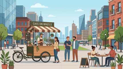 Obraz premium Urban coffee cart illustration, city park scene, customers enjoying drinks