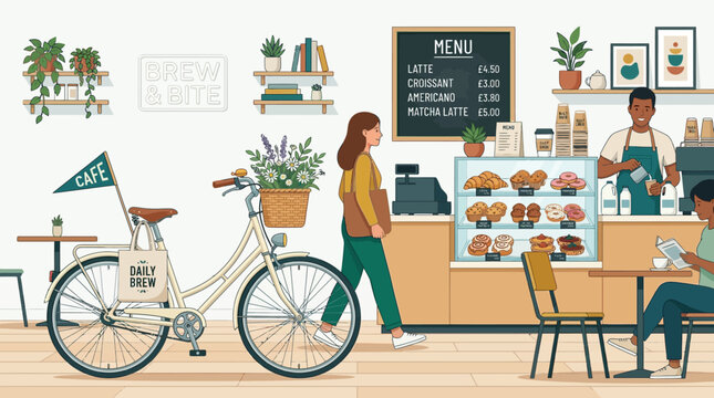 Cozy Cafe Scene with Bicycle, Pastries, and Customers