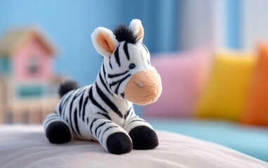 Fototapeta premium Plush Zebra Toy Close-Up on Soft Light-Colored Background Surface