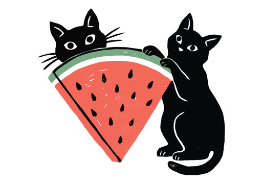 Cat and Watermelon Slice Cartoon Illustration with Two Black Cats and a Green Rind Over a Red Fruit Wedge