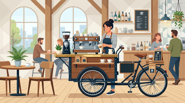 Mobile Coffee Cart Barista Serving Customers in Cozy Cafe with Espresso Machine