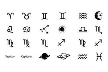Zodiac symbols collection a black silhouette representation of astrological signs and celestial bodies © graphixarrow